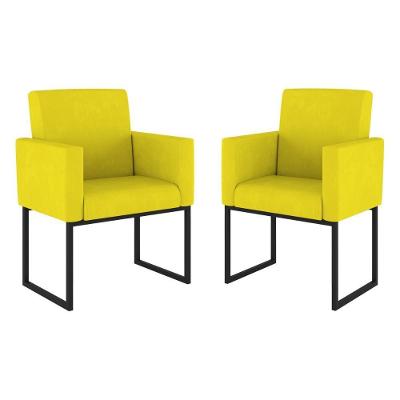 Kit 02 Cadeiras Poltrona Decorativa Sala Quarto Base Preto Cor: Amarelo