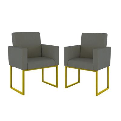 Kit 02 Cadeiras Poltrona Decorativa Sala Quarto Base Dourado Cor: Cinza