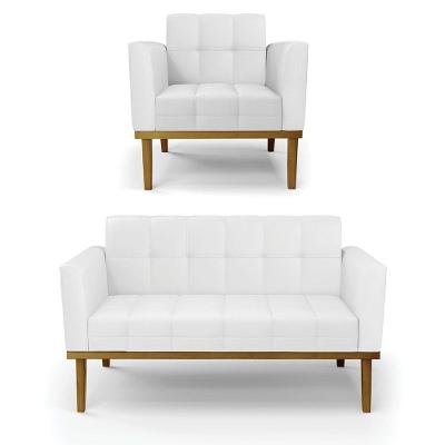 Conjunto Poltrona E Namoradeira Decorativas Pés Fixo Em Madeira Castanho Pu Branco
