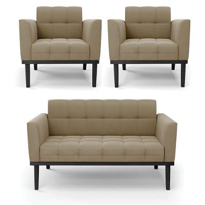 Conjunto 2 Poltronas E 1 Namoradeira Decorativa Pés Fixo Em Madeira Preto Suede Nude