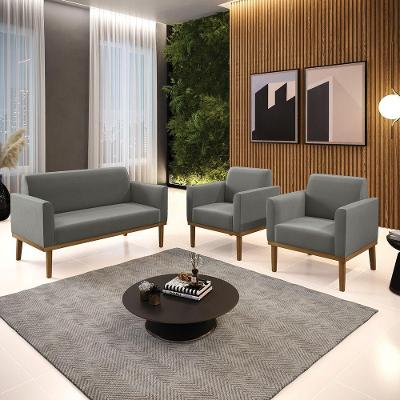 Conjunto 2 Poltronas E 1 Namoradeira Decorativa Pés Fixo Em Madeira Castanho Suede Grafite