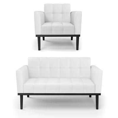 Conjunto Poltrona E Namoradeira Decorativa Pés Fixo Em Madeira Preto Pu Branco