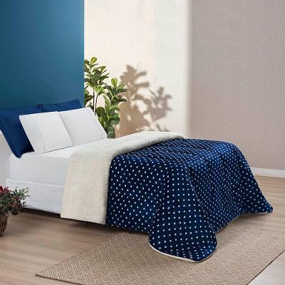 Edredom Coberdrom Romantico Poá Padrão Sherpa E Manta Flannel - Marinho