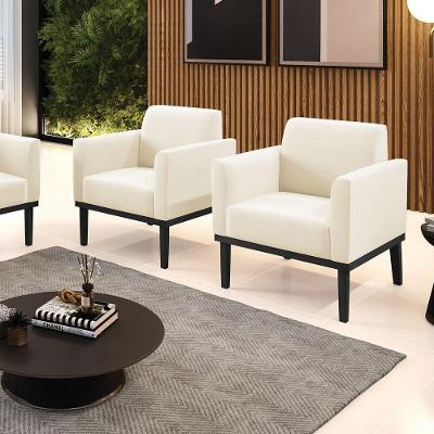 Kit 2 Poltronas Decorativas Pés Fixo Em Madeira Preto Veludo Bege