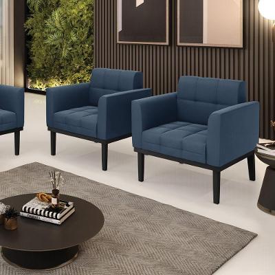 Kit 2 Poltronas Decorativas Pés Fixo Em Madeira Preto Suede Azul Marinho