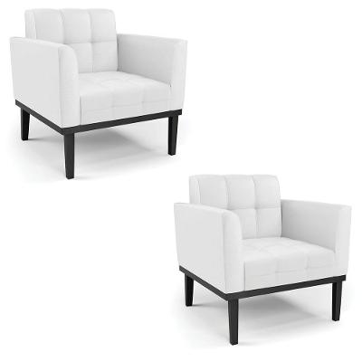 Kit 2 Poltronas Decorativas Pés Fixo Em Madeira Preto Pu Branco