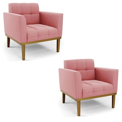 Kit 2 Poltronas Decorativas Pés Fixo Em Madeira Castanho Suede Rose