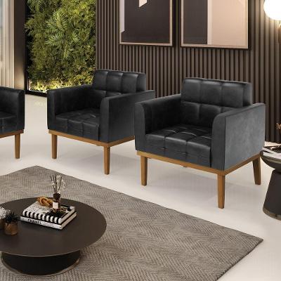 Kit 2 Poltronas Decorativas Pés Fixo Em Madeira Castanho Pu Preto Brilho