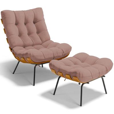 Poltrona Costela L02 Com Puff Sala De Estar Linho Rosê - Lyam Decor