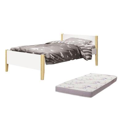 Cama Solteiro Simba Branco Fosco Pés Madeira Natural Com Colchão D20 - Reller Móveis Branco Fosco