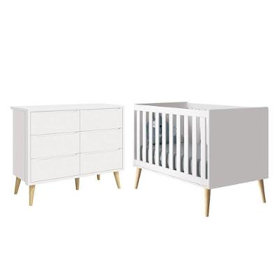 Jogo De Quarto Infantil Theo Cômoda 6 Gavetas E Berço Branco Fosco Com Pés Madeira Natural - Reller Móveis Branco Fosco