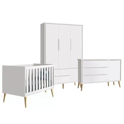 Quarto Infantil Theo 3 Portas Branco Fosco Com Pés Madeira Natural - Reller Móveis Branco Fosco