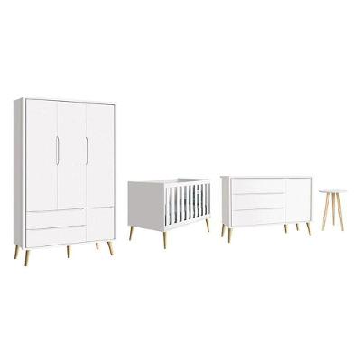 Dormitório Theo 3 Portas E Mesa De Canto Branco Com Pés Madeira Natural - Reller Móveis Branco