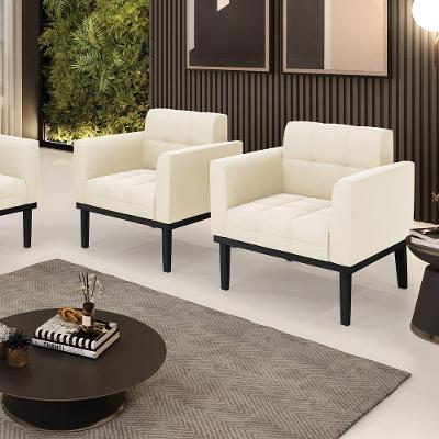 Kit 2 Poltronas Decorativas Pés Fixo Em Madeira Preto Veludo Bege