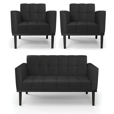 Conjunto 2 Poltronas E 1 Namoradeira Decorativa Pés Fixo Em Madeira Preto Pu Preto