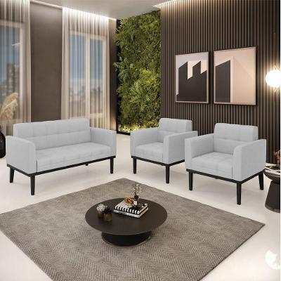 Conjunto 2 Poltronas E 1 Namoradeira Decorativa Pés Fixo Em Madeira Preto Linho Cinza