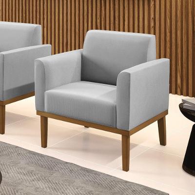 Poltrona Decorativa Pés Fixo Em Madeira Castanho Suede Cinza