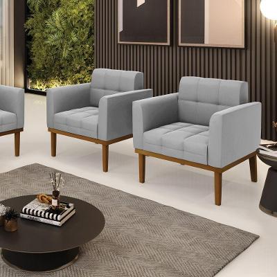 Kit 2 Poltronas Decorativas Pés Fixo Em Madeira Castanho Suede Cinza