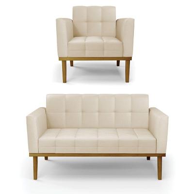 Conjunto Poltrona E Namoradeira Decorativas Pés Fixo Em Madeira Castanho Pu Bege