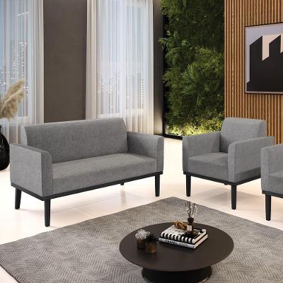 Conjunto Poltrona E Namoradeira Decorativa Pés Fixo Em Madeira Preto Linho Cinza Mesclado