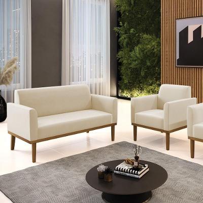 Conjunto Poltrona E Namoradeira Decorativa Pés Fixo Em Madeira Castanho Suede Bege