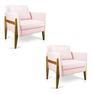 Kit 02 Poltronas Lana Suede Base De Madeira Rosa Bebê