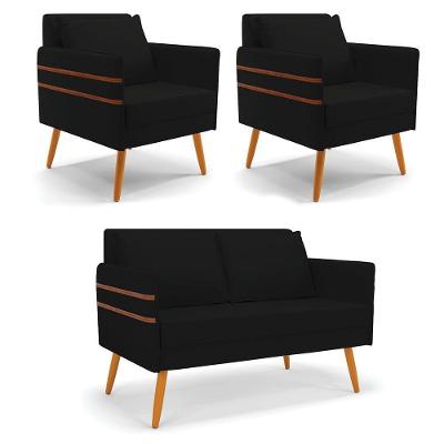 Kit 01 Namoradeira E 02 Poltronas Linho Castanho A79 Preto