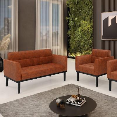 Conjunto Poltrona E Namoradeira Decorativa Pés Fixo Em Madeira Preto Pu Nozes