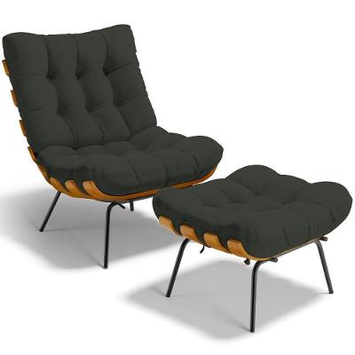Poltrona Costela L02 Com Puff Sala De Estar Linho Verde - Lyam Decor