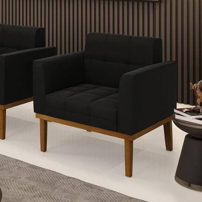 Poltrona Decorativa Pés Fixo Em Madeira Castanho Suede Preto