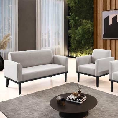 Conjunto Poltrona E Namoradeira Decorativa Pés Fixo Em Madeira Preto Veludo Cinza