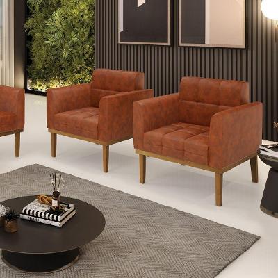 Kit 2 Poltronas Decorativas Pés Fixo Em Madeira Castanho Pu Nozes