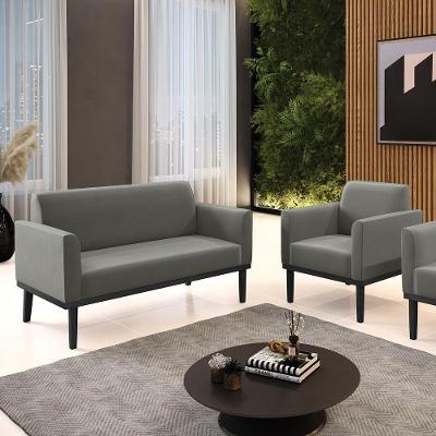 Conjunto Poltrona E Namoradeira Decorativa Pés Fixo Em Madeira Preto Suede Grafite
