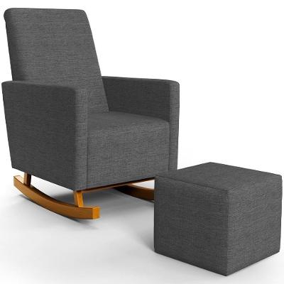 Poltrona De Amamentação Com Balanço E Puff Ravena W01 Linho Cinza Escuro - Lyam Decor
