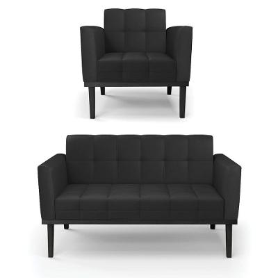 Conjunto Poltrona E Namoradeira Decorativa Pés Fixo Em Madeira Preto Pu Preto