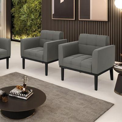Kit 2 Poltronas Decorativas Pés Fixo Em Madeira Preto Suede Grafite