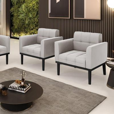 Kit 2 Poltronas Decorativas Pés Fixo Em Madeira Preto Veludo Cinza