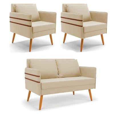 Kit 01 Namoradeira E 02 Poltronas Suede Castanho Bege