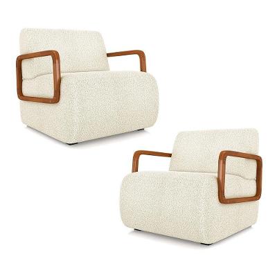 Kit 2 Poltronas Decorativa Sala De Estar Odessa Braços Em Madeira Bouclê Off White G33