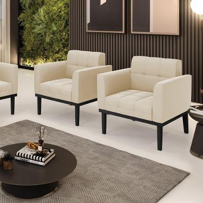Kit 2 Poltronas Decorativas Pés Fixo Em Madeira Preto Suede Bege