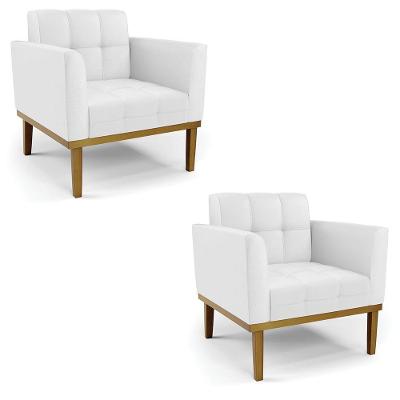 Kit 2 Poltronas Decorativas Pés Fixo Em Madeira Castanho Pu Branco