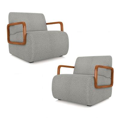 Kit 2 Poltronas Decorativa Sala De Estar Odessa Braços Em Madeira Bouclê Cinza G33