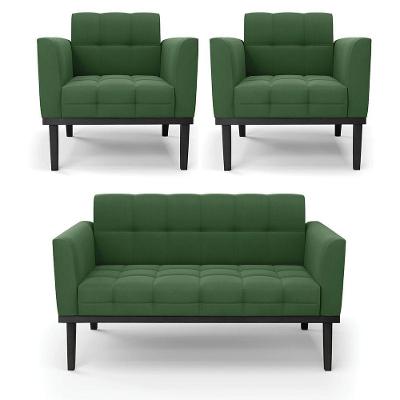 Conjunto 2 Poltronas E 1 Namoradeira Decorativa Pés Fixo Em Madeira Preto Suede Verde