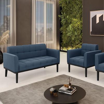 Conjunto Poltrona E Namoradeira Decorativa Pés Fixo Em Madeira Preto Suede Azul Marinho