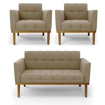 Conjunto 2 Poltronas E 1 Namoradeira Decorativa Pés Fixo Em Madeira Castanho Suede Nude