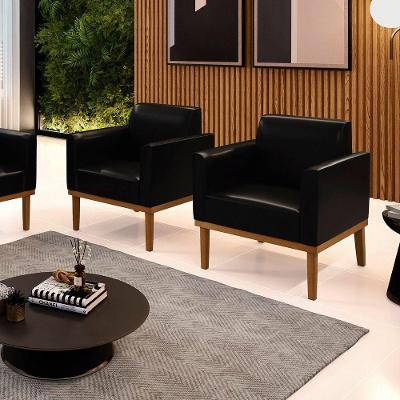 Kit 2 Poltronas Decorativas Pés Fixo Em Madeira Castanho Pu Preto Brilho