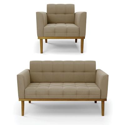 Conjunto Poltrona E Namoradeira Decorativas Pés Fixo Em Madeira Castanho Suede Nude