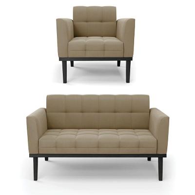 Conjunto Poltrona E Namoradeira Decorativa Pés Fixo Em Madeira Preto Suede Nude
