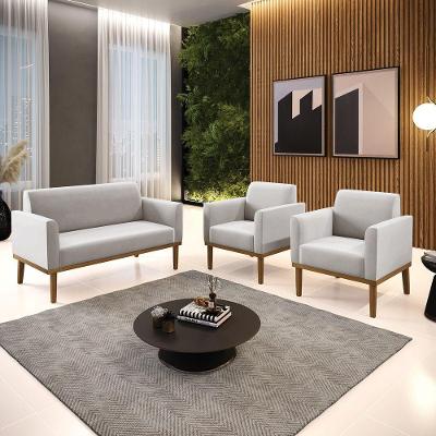 Conjunto 2 Poltronas E 1 Namoradeira Decorativa Pés Fixo Em Madeira Castanho Veludo Cinza