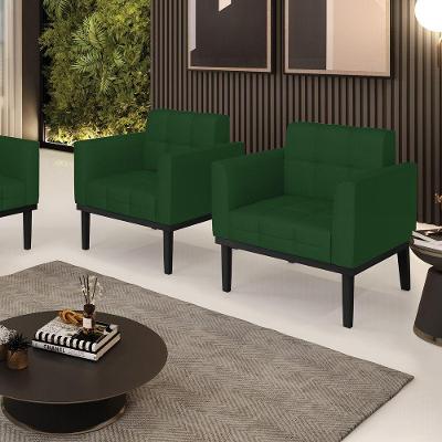 Kit 2 Poltronas Decorativas Pés Fixo Em Madeira Preto Veludo Verde Esmeralda